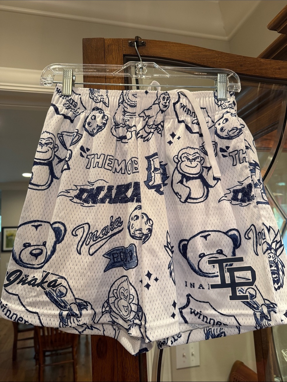 Inaka Power White Mesh Shorts with Navy Logo Print